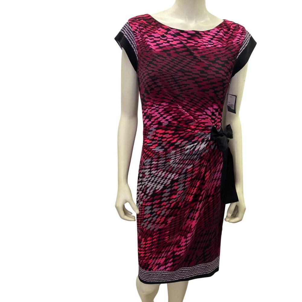Just Taylor Pink & Black Abstract Print Dress With Side‎ Tie Bow Detail 14 NWT